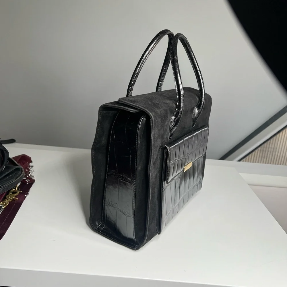 Escada Black Croc Embossed Leather Suede Pocket Structured Satchel Tote Bag